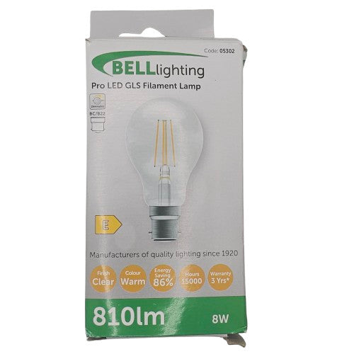 2 x Bell 8w 240V B22 BC Retro Clear Vintage Filament GLS 810lm Light Bulb 05302
