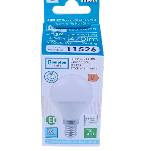 2 x SES - E14 4.8w Crompton LED Round Bulb 2700k Warm White 470lm 240v 11526l