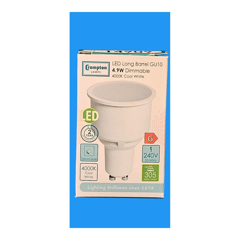 GU10 4.9W LED Crompton LONG BARREL Dimmable 4000k Cool White 305lm Energy Saving