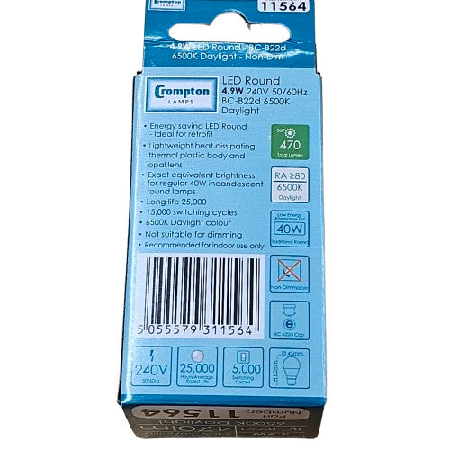 2 x BC B22d 4.9w Crompton LED Round Bulb 470lm 6500k Daylight 11564