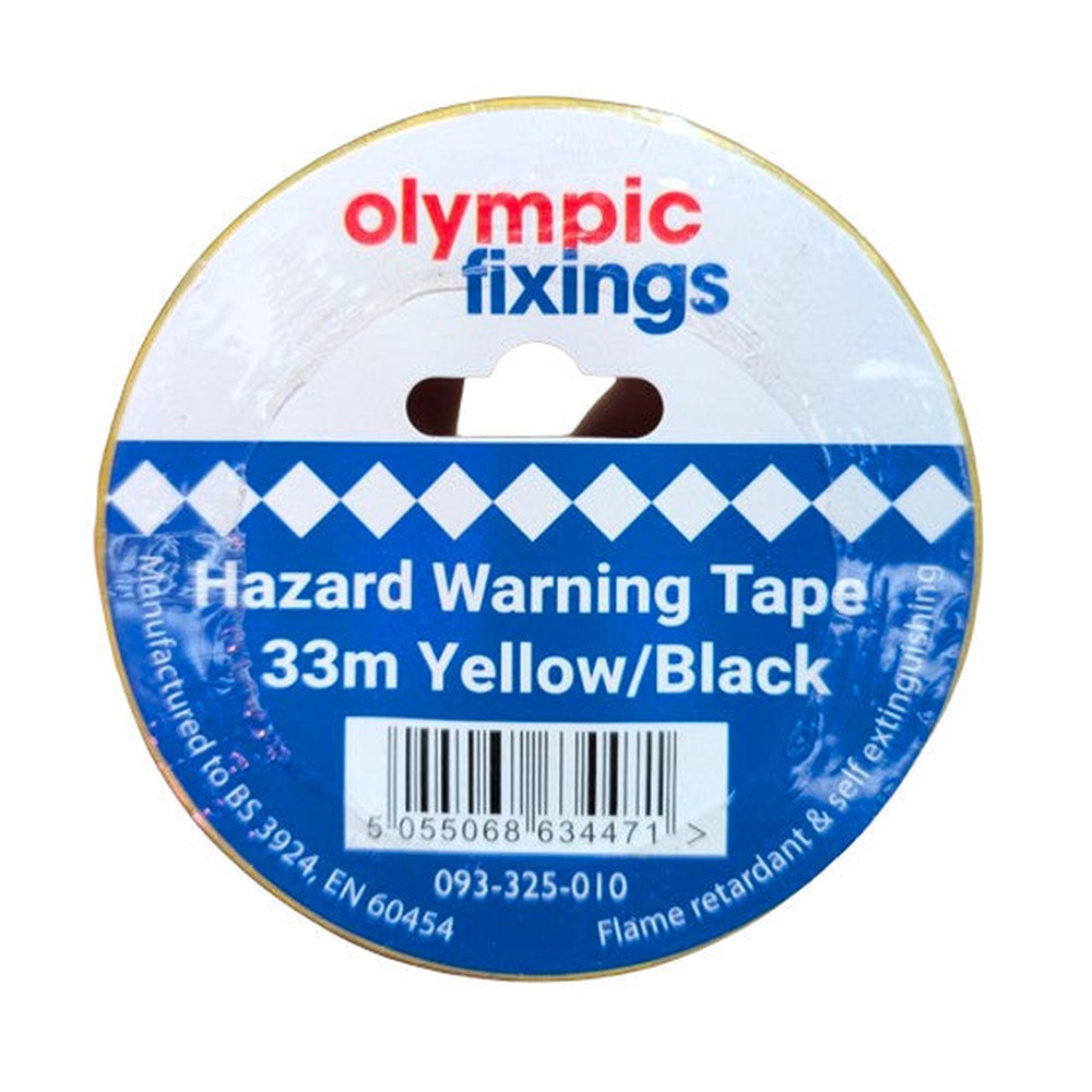 2x Olympic Fixings Yellow/Black Caution Tape PVC Hazard Warning Rolls 50mm x 33m