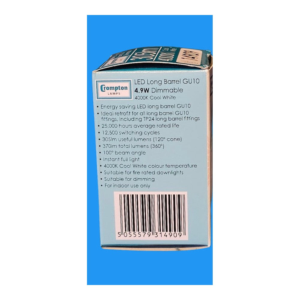 GU10 4.9W LED Crompton LONG BARREL Dimmable 4000k Cool White 305lm Energy Saving