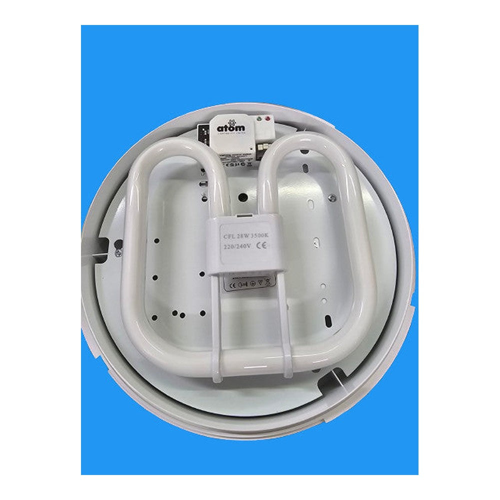 Lunar IP44 Corridor motion sensor bulkhead dimmable 28w E-H.F White Opal Bulb