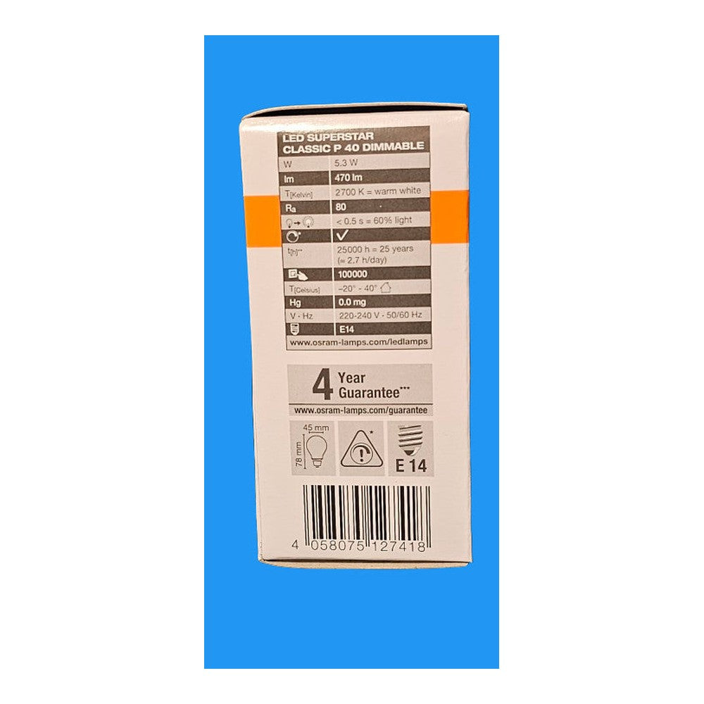 E14 5.3w = 40w x 2 Warm White Osram LED Superstar Classic P40 Dimmable 470lm A+