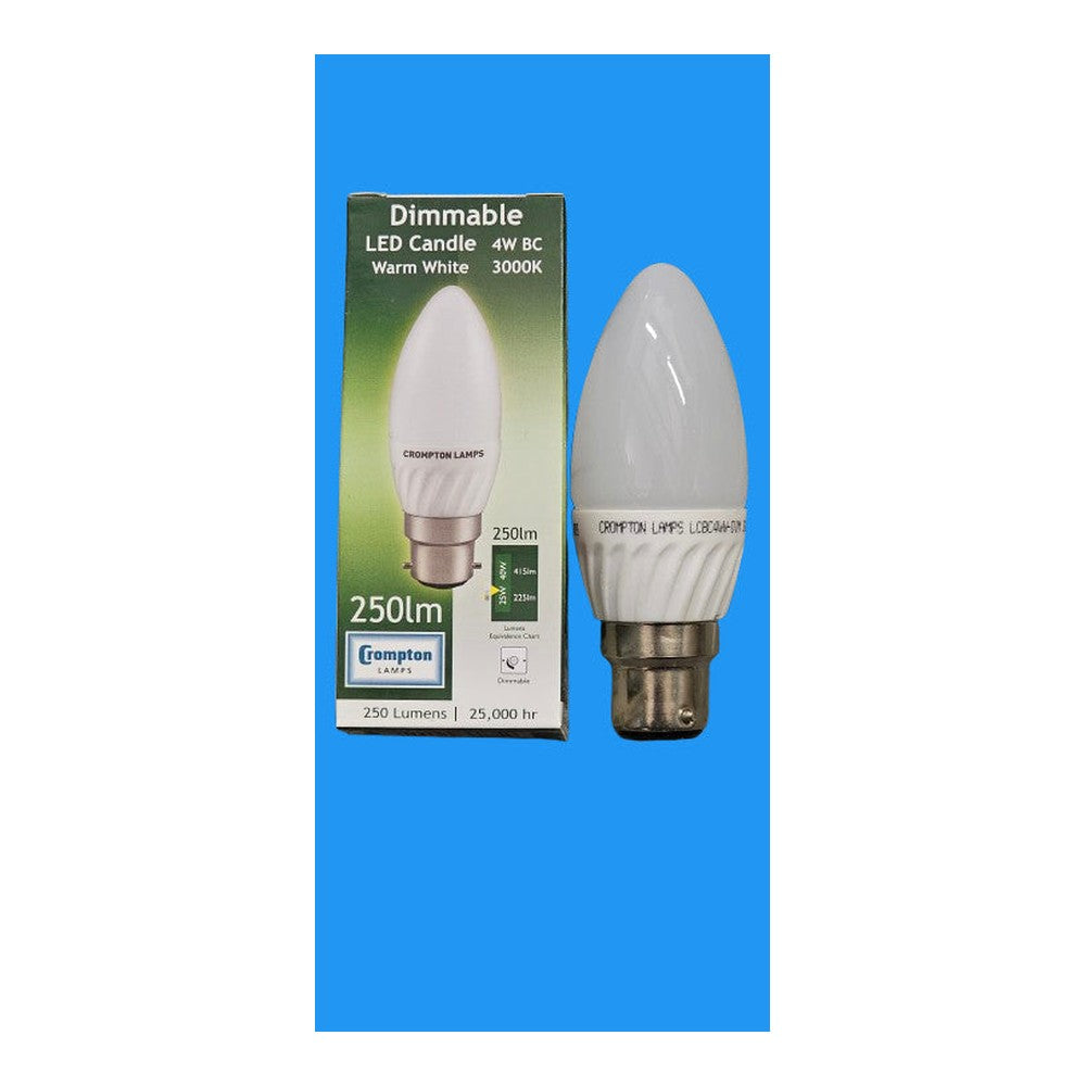 BC 4w LED Dimmable Candle Bulb Lamp Crompton 250lm 3000k Warm White 25000h 240v