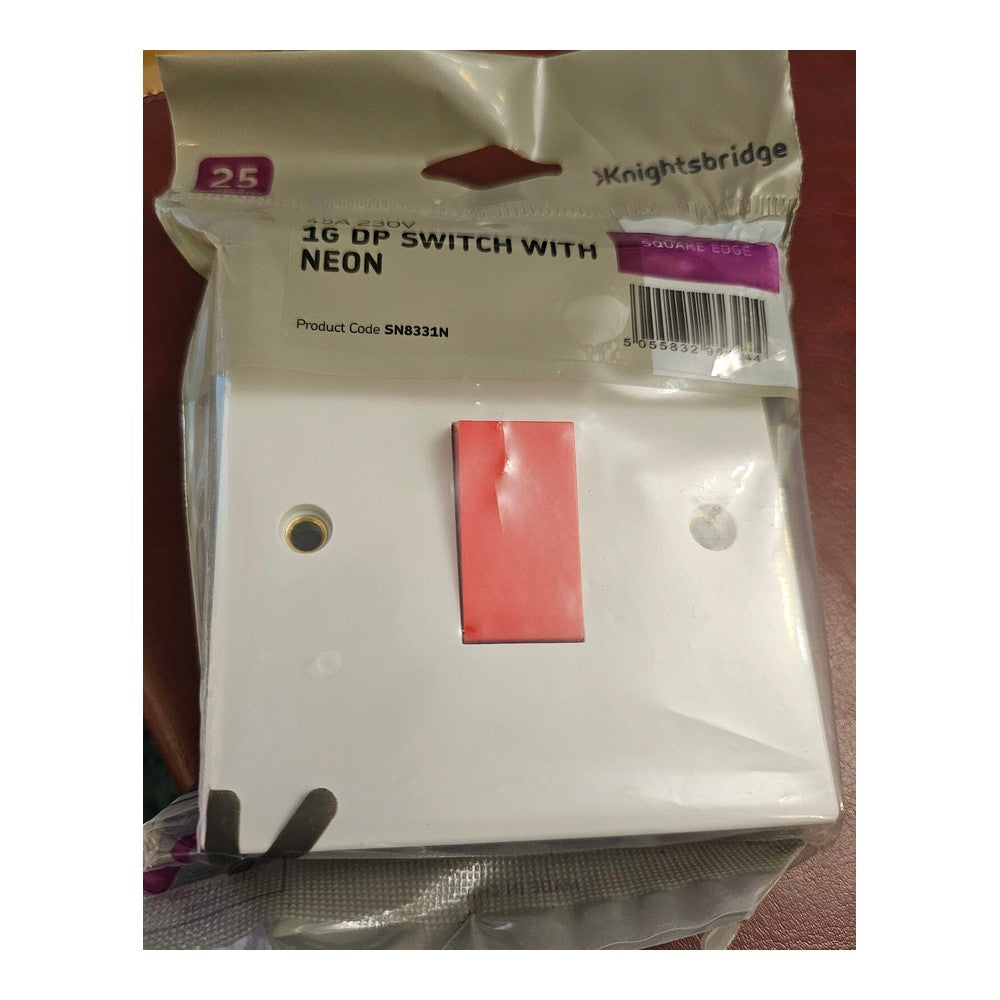 2 x Knightsbridge SN8331N Square Edge White Small 45A 2 Pole Neon Switch