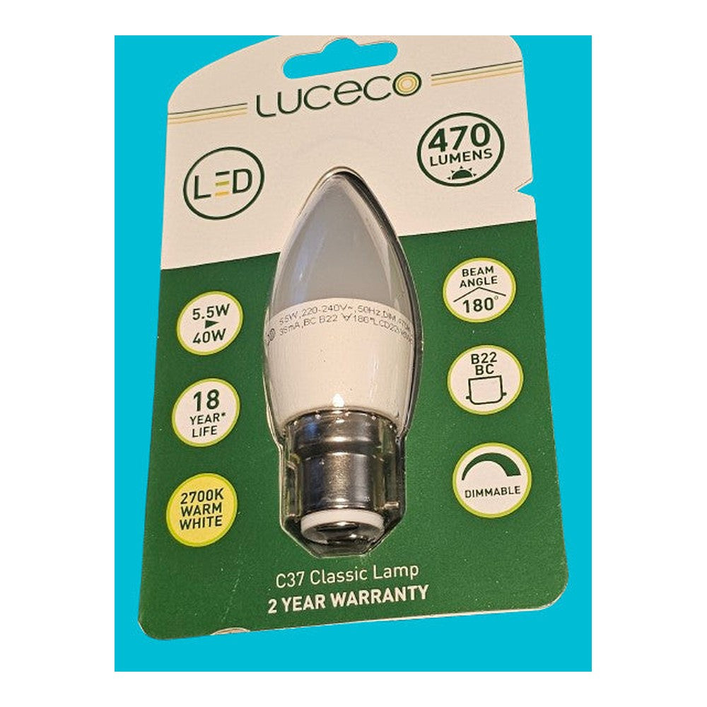 LED B22 BC C37 Candle Classic Bulb 5.5w = 40w 470lm Dimmable 2700k Warm White