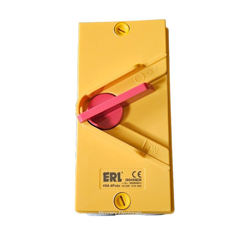 ERL Isolating Switch 45 or 63Amp AC-22B 415v IP66 4 Pole Yellow/Grey