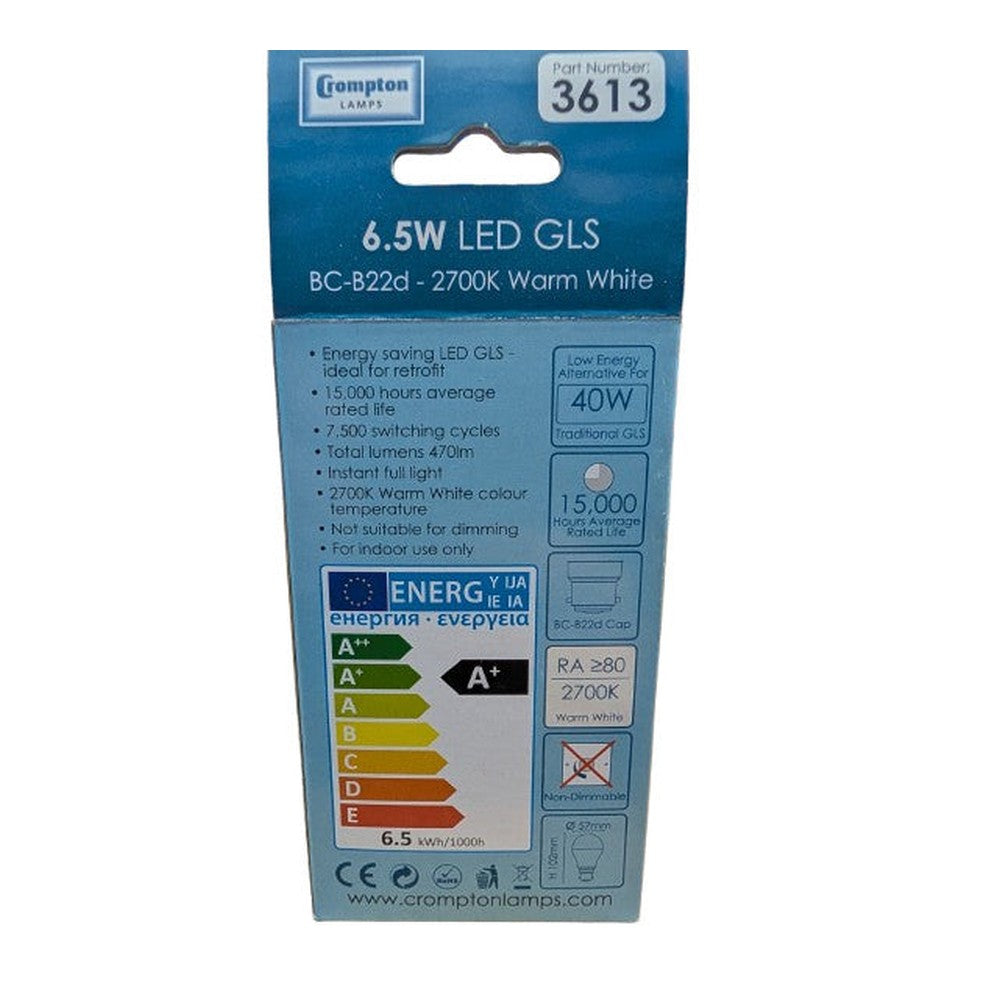 BC-B22d 6.5w ( Pack of 2 ) Compton Lright Bulbs LED GLS Warm White 470lm 2700k
