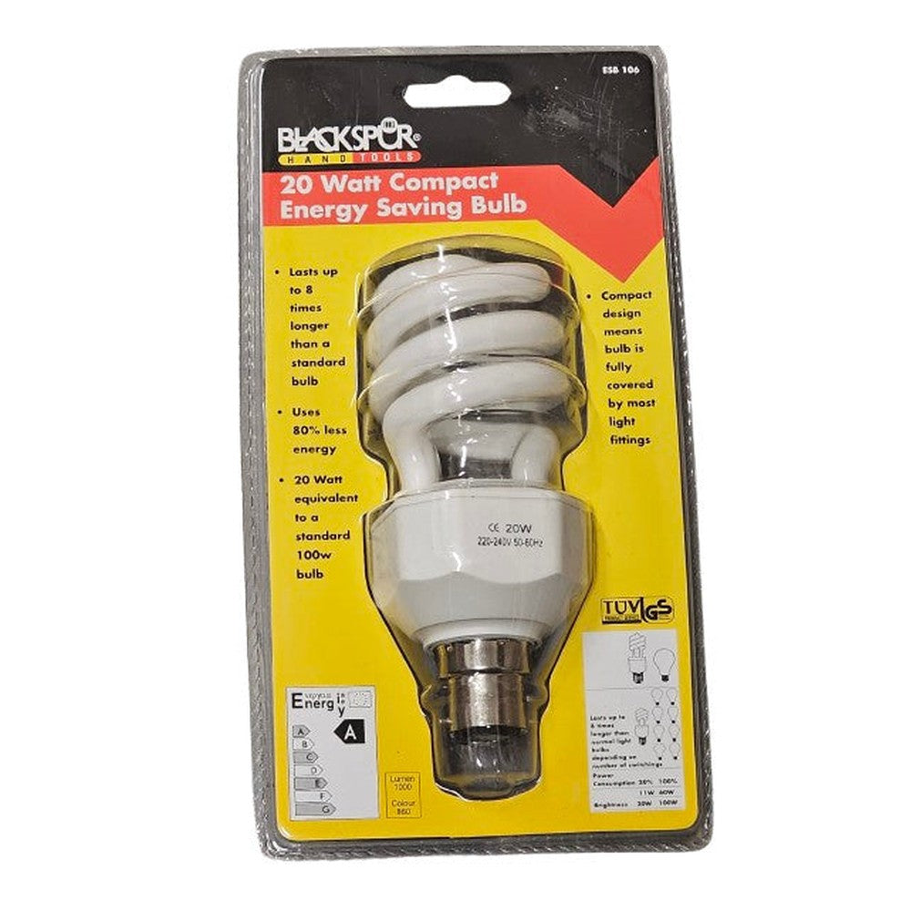 B22 20W = 100W Blackspur Compact Energy Saving Bulb 1000lm Colour 860