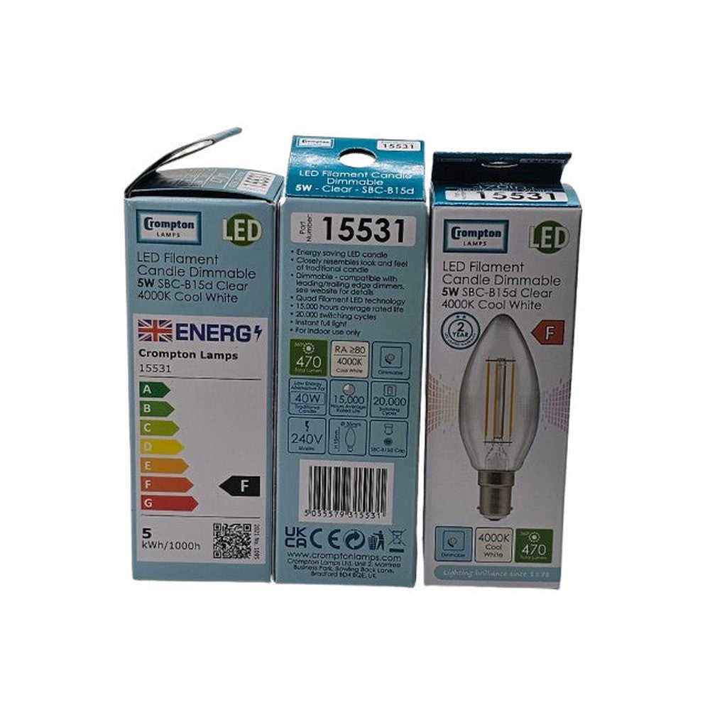 5W SBC-B15D X 3 Crompton LED Candle Bulb Lamp 470lm Dimmable 4000k Cool White