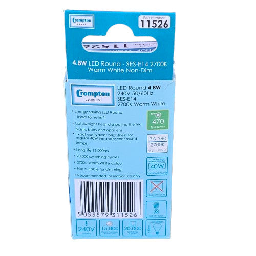 2 x SES - E14 4.8w Crompton LED Round Bulb 2700k Warm White 470lm 240v 11526l