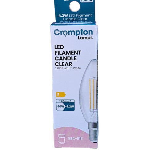 2 x SBC B15 4.2W = 40W Crompton Clear LED Filament Candle Bulb 470lm  Warm White
