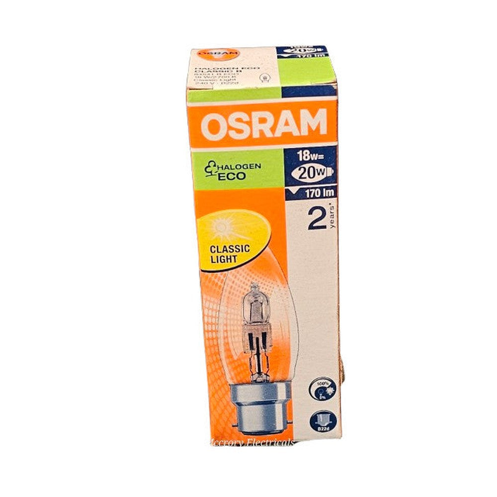 B22d 18w = 20w Osram Halogen ECO Candle  170lm Classic White 240v 2000h Dimmable