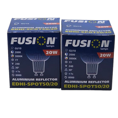 2 x GU10 20W Aluminium Reflector Fusion 240v Spot 77lm 3000k