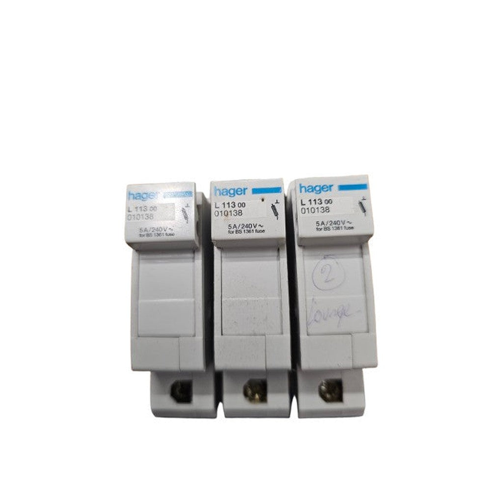 3 x Hager 5A Fuse Holder Cartridge With 5A Fuse BS1361 L113 240V