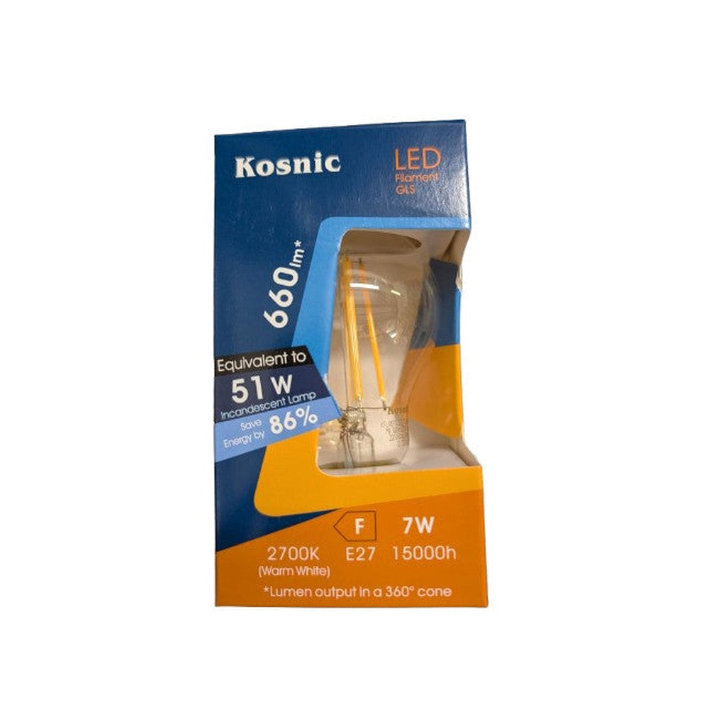 7W (=51W) Kosnic Clear LED Filament GLS E27 Edison Screw 2700K Light Bulb Warm