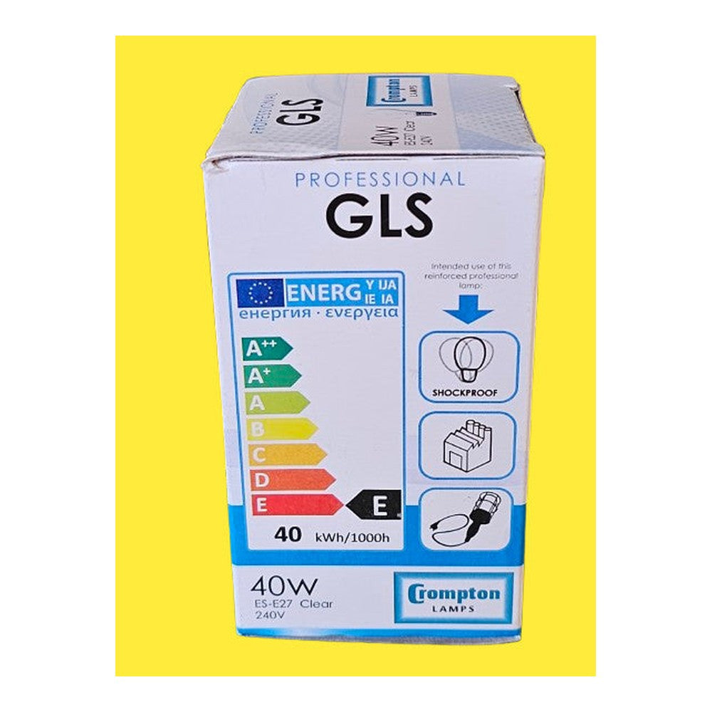 Crompton ES-E27 40w GLS Bulb Clear Shockproof Clear Dimmable 2700k Warm White