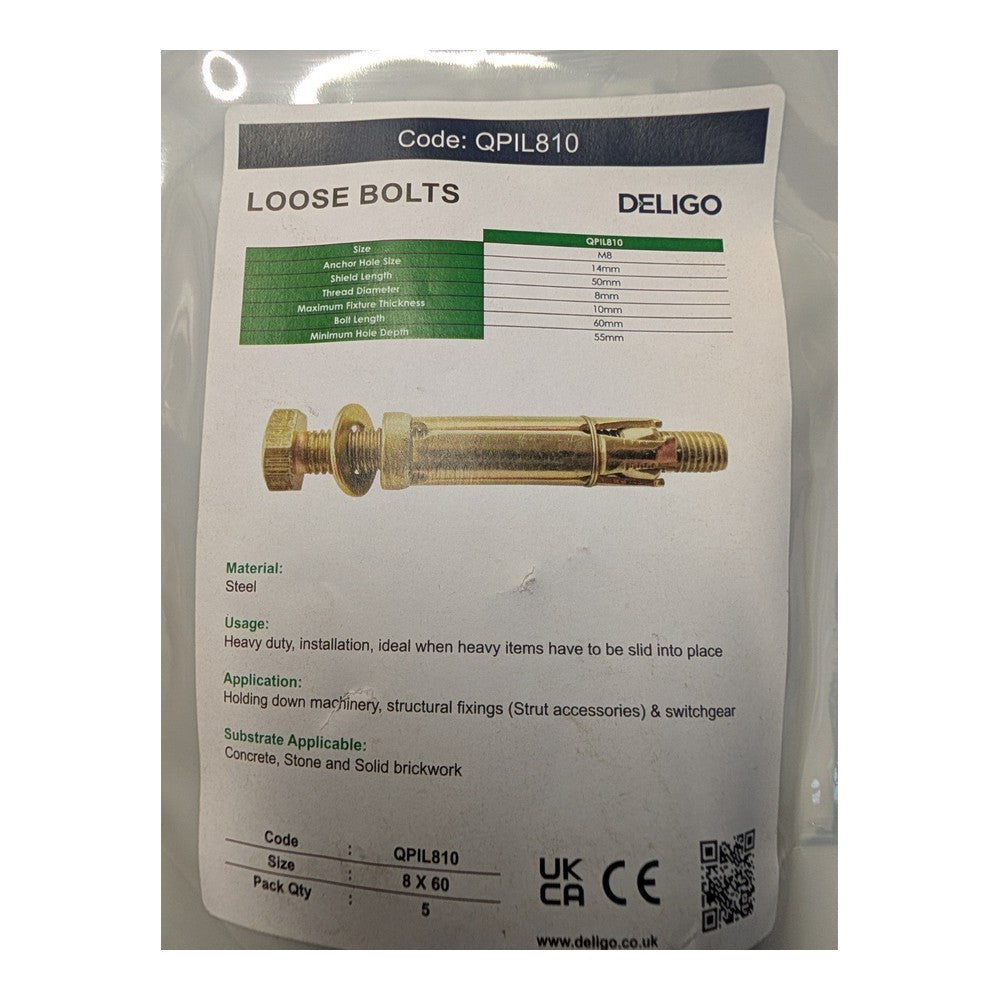 Deligo Expansion Shield Anchor Loose Bolts 8 x 60mm Pack Of 5