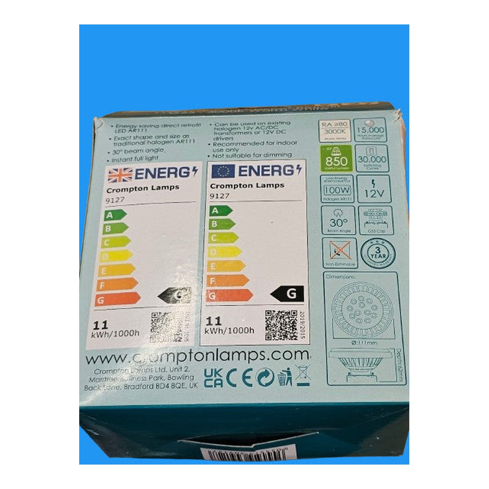 Crompton 11w G53 LED AR111 Direct Retrofit 3000k Warm White 12v 850lm