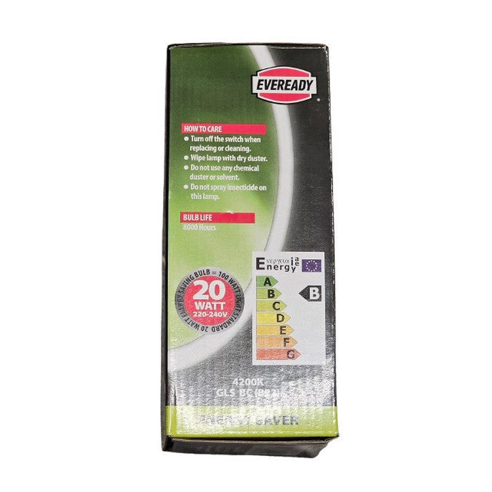 BC B22 20w = 100w Eveready Energy Saver GLS Bulb Lamp 4200k 8000h 220 - 240v