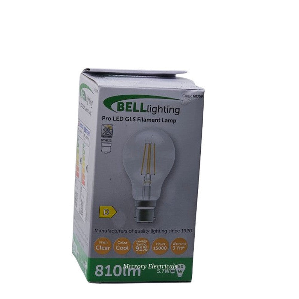 BC/B22 5.7w = 60w X 5 Bell Pro Filament Lamp Bulb 810lm Cool White 91% Saver