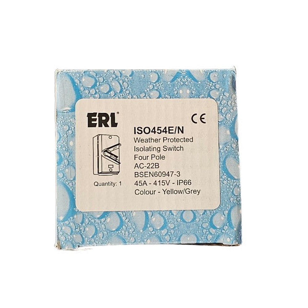 ERL Isolating Switch 45 or 63Amp AC-22B 415v IP66 4 Pole Yellow/Grey