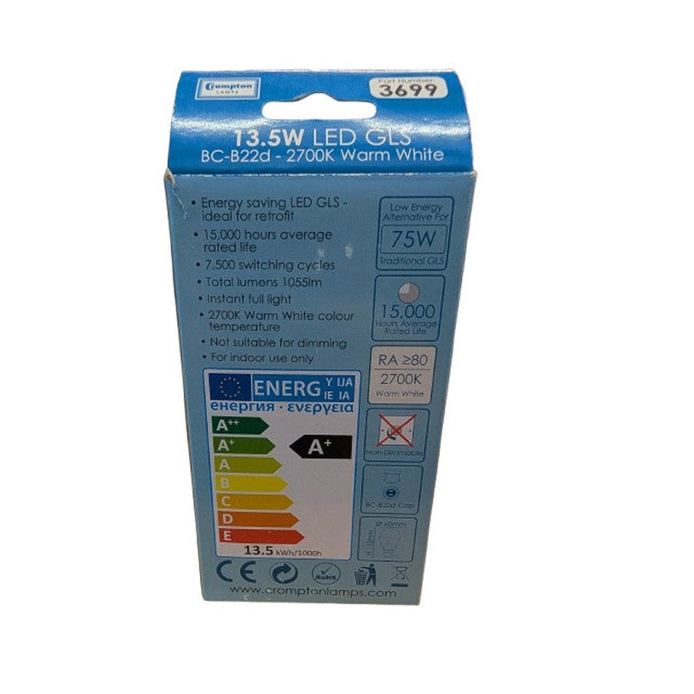 BC-B22d 13.5W ( Pack of 2 ) Crompton 3699 Bulbs LED GLS Warm White 1055lm 2700k