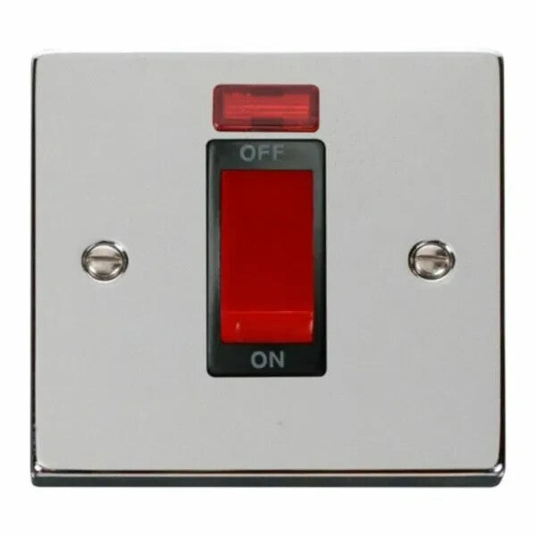 Click VPCH201BK Deco | Polished Chrome | 1 Gang Single Plate 45A 2 Pole Neon |