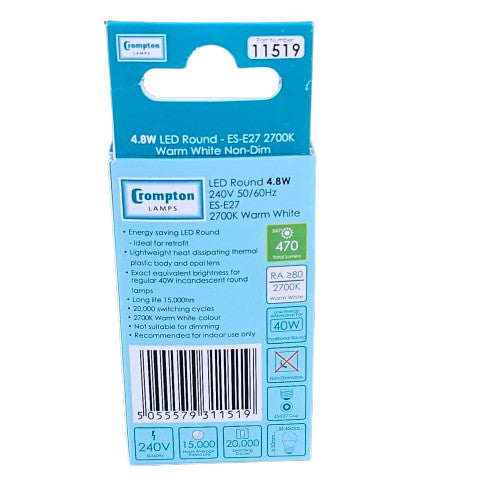 3 x ES-ES-E27 4.8W Crompton LED Round Bulb  240v 470lm 2700 Warm White 11519E