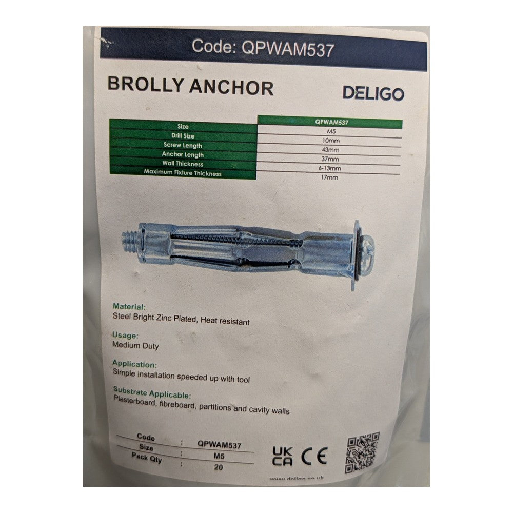 Deligo Metal Cavity Brolly Anchor M5x37 Hollow Wall Anchor/Plasterboard 20 Pack