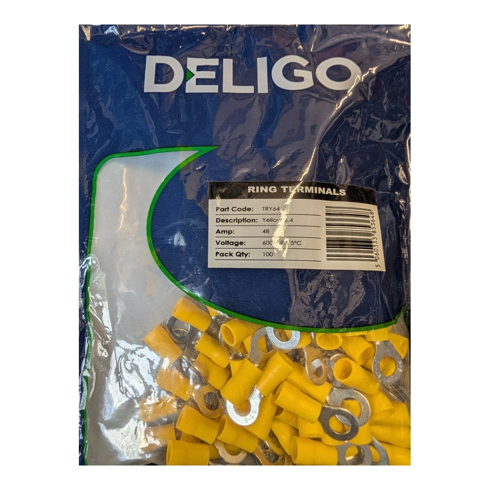Deligo TRY64 Pack of 100 Yellow 6.4 Copper Insulated Crimp Ring Terminals 48A