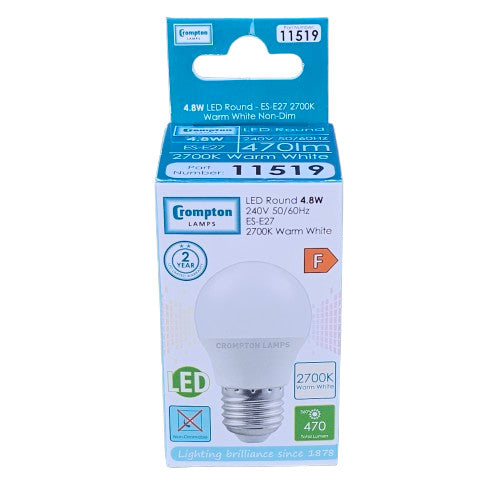 3 x ES-ES-E27 4.8W Crompton LED Round Bulb  240v 470lm 2700 Warm White 11519E