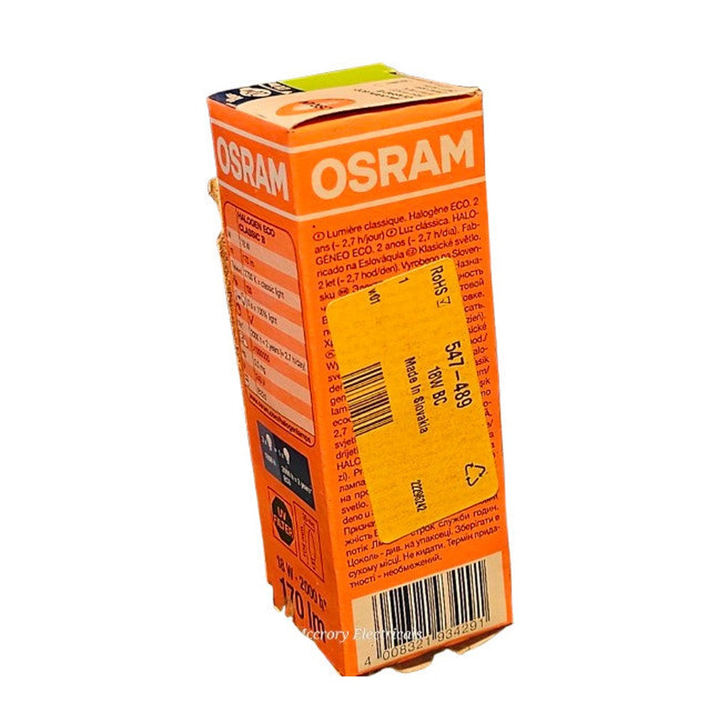 B22d 18w = 20w Osram Halogen ECO Candle  170lm Classic White 240v 2000h Dimmable