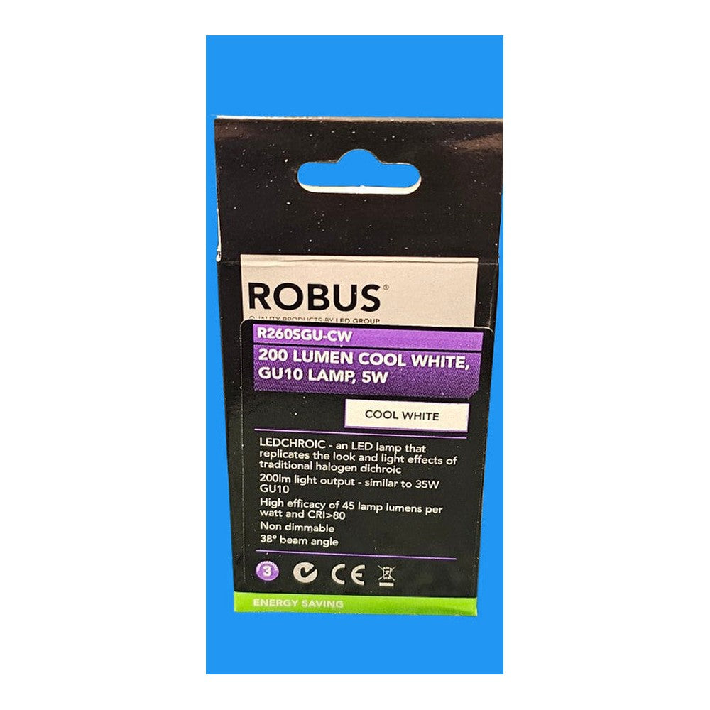 GU10 5w = 35w ( Pack of 2 ) Robus Lamp Bulb 200lm Cool White LEDCHROIC