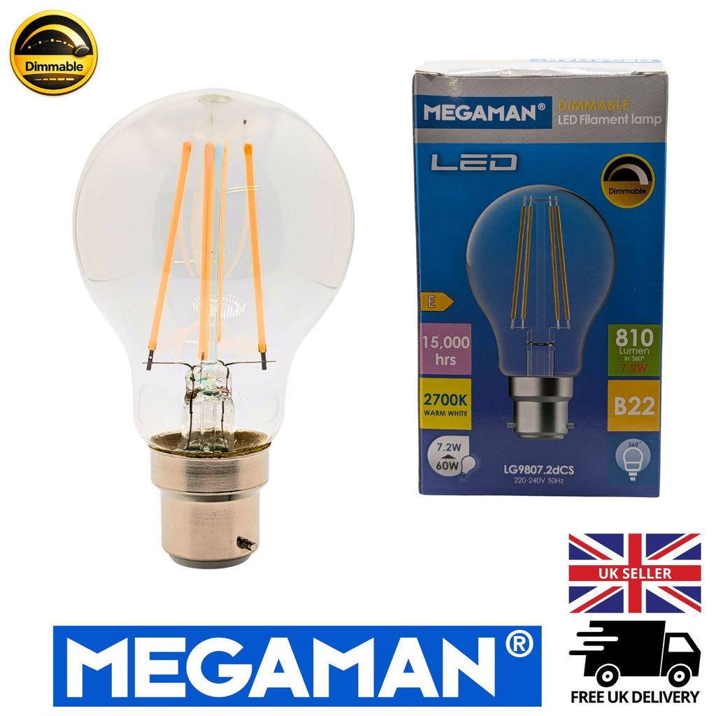 LES B22 Megaman 712087 LED Clear Dimmable Filament GLS Warm White 7.2w 2700k