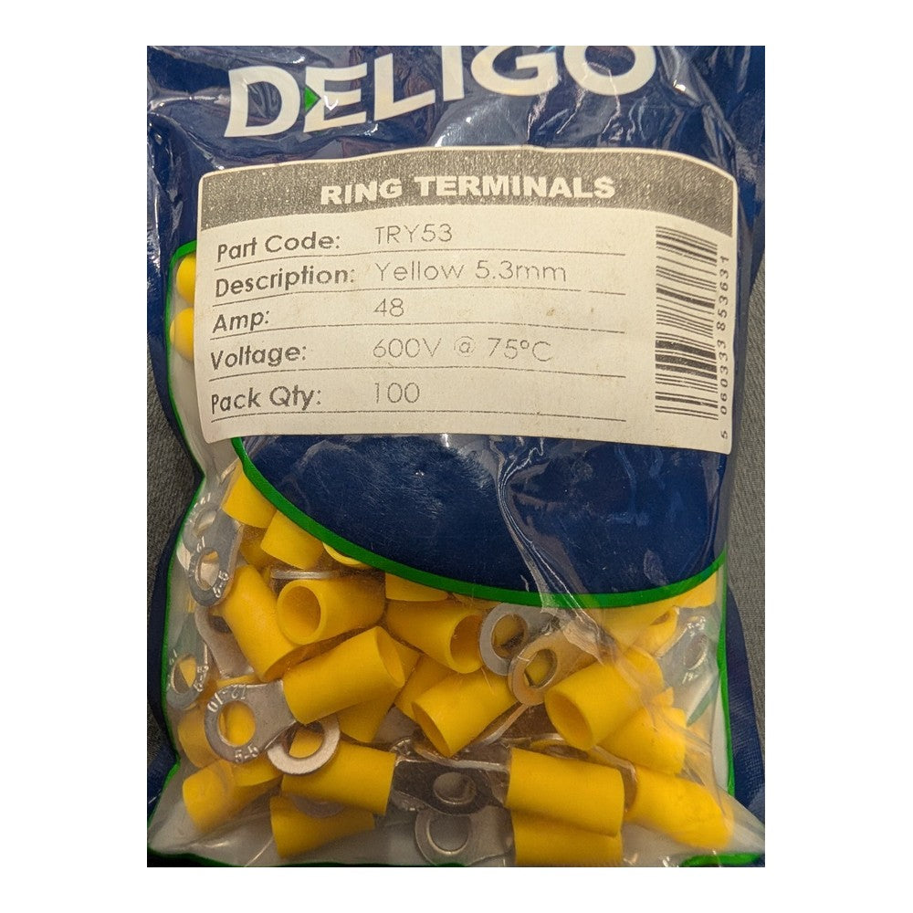 Deligo TRY53 Pack of 100 Yellow 5.3 Copper Insulated Crimp Ring Terminals 48A