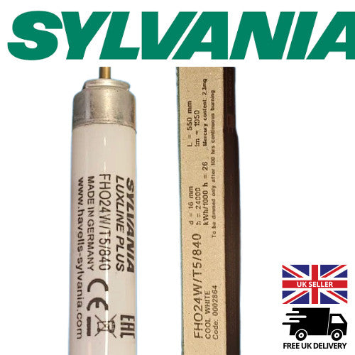 2 x Sylvania FHO24W/T5/840 Fluorescent Tube Lamp 24w Cool White 550mm 1950lm