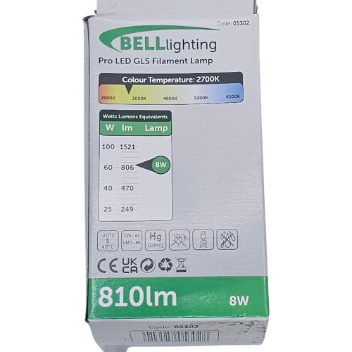 2 x Bell 8w 240V B22 BC Retro Clear Vintage Filament GLS 810lm Light Bulb 05302