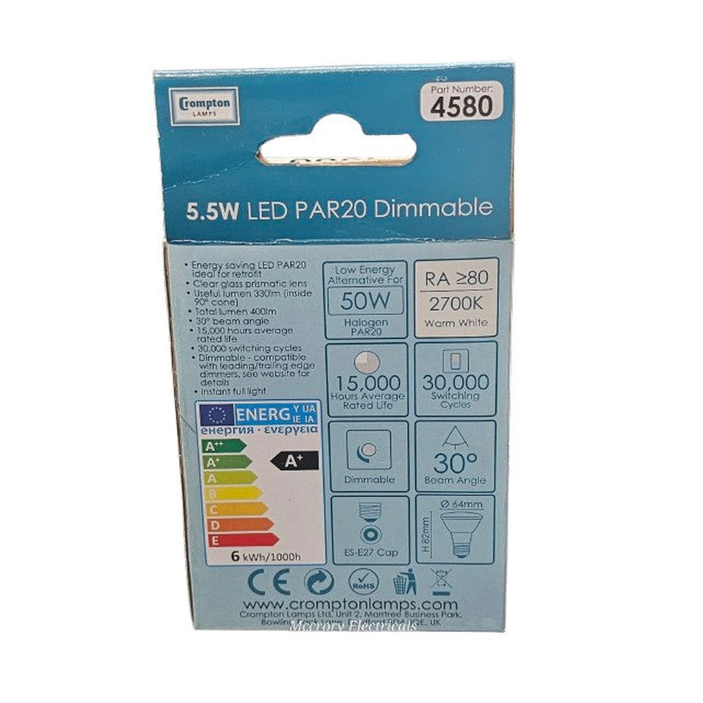 ES-E27 5.5W = 50W LED Crompton PAR 20 Dimmable Bulb 330lm 2700k Warm White 4580