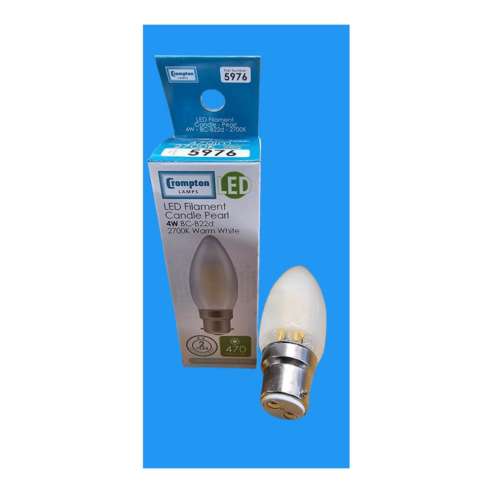 BC-B22d 4W 2 Pack LED Crompton Candle Bulb Pearl 470lm 2700k Warm white A++ 5976