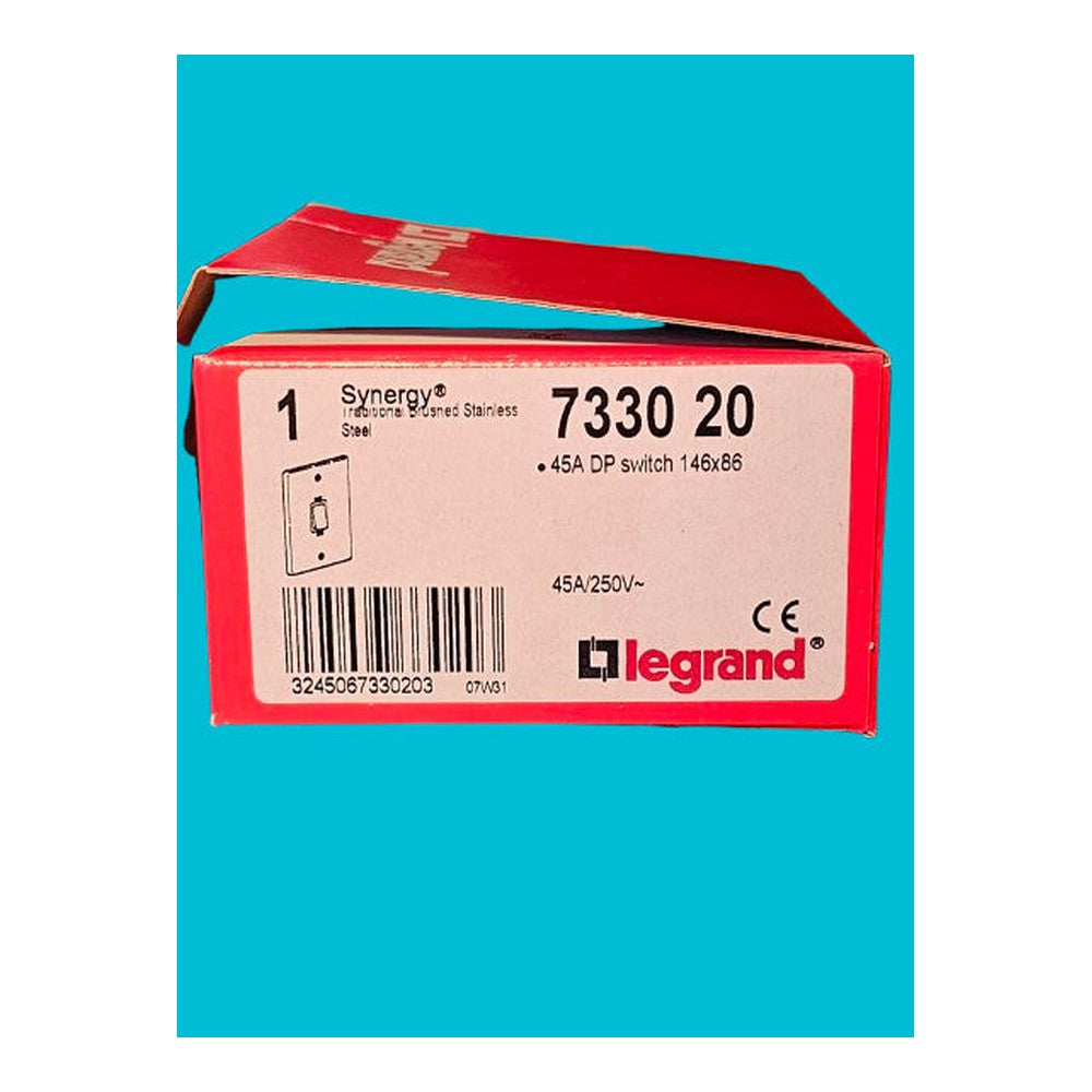 Legrand 733020 D P Switch 2 Gang 45 Amp Cooker/Shower Brushed Steel 146 x 86mm