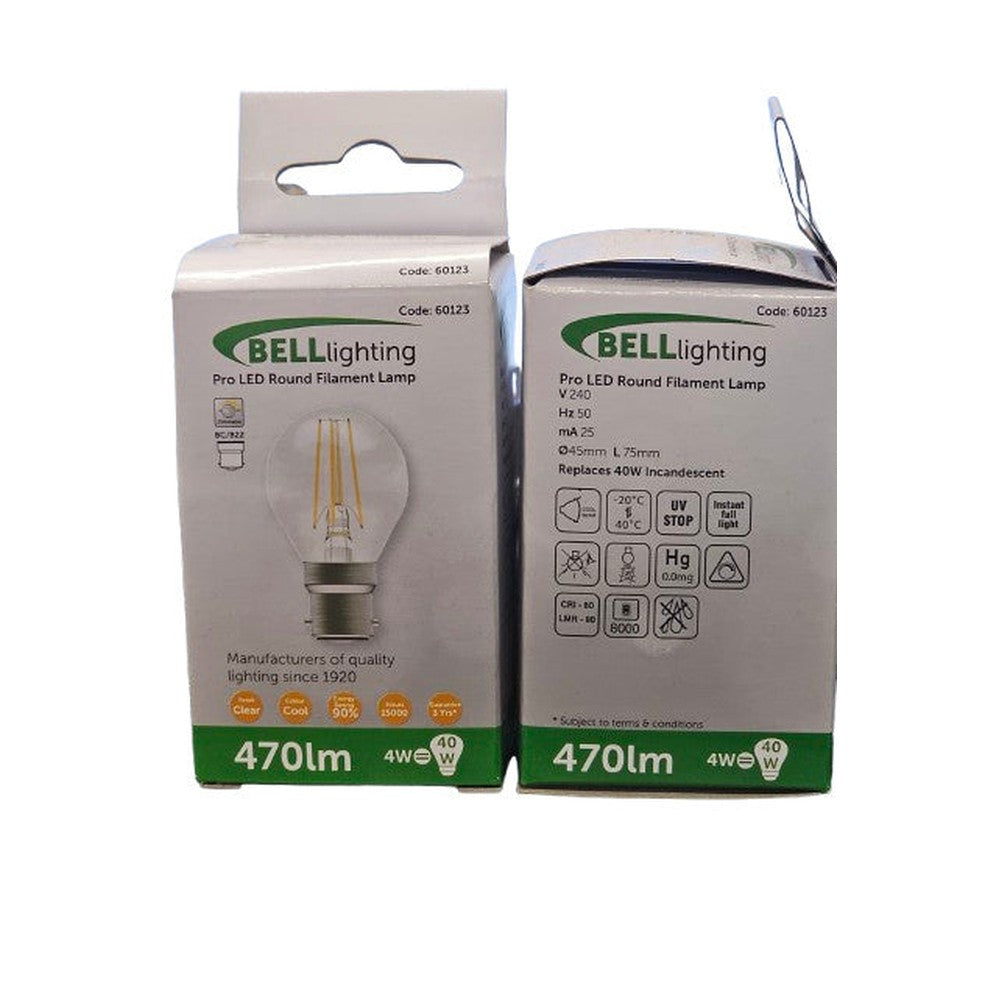 BC-B22d 4w = 40w Bell Pro LED Round Filament Lamp Bulb ( Pack of 2 ) 470lm Cool
