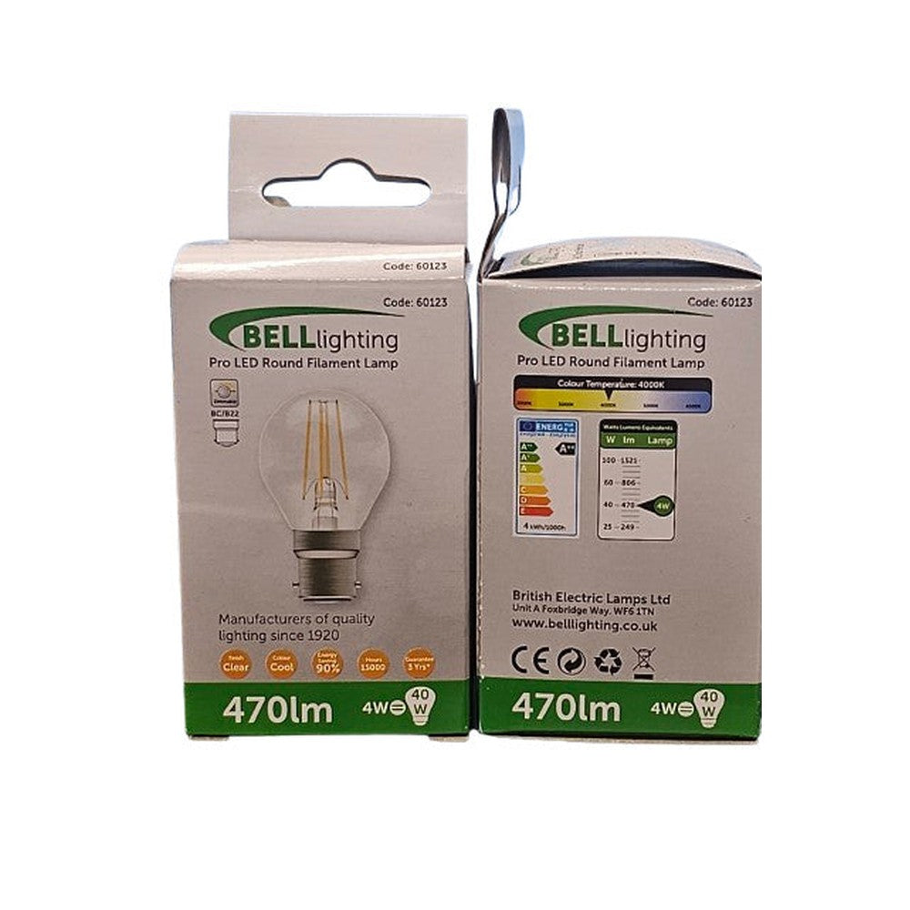 BC-B22d 4w = 40w Bell Pro LED Round Filament Lamp Bulb ( Pack of 2 ) 470lm Cool