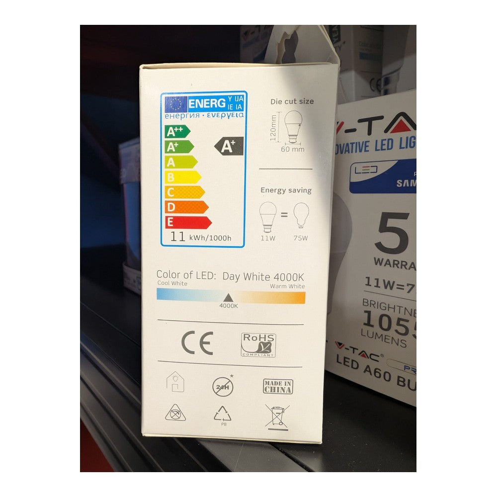 B22 11w = 75w A60 2 Pack LED BULB SAMSUNG CHIP 4000K DAY WHITE B22 1055lm V-TAC