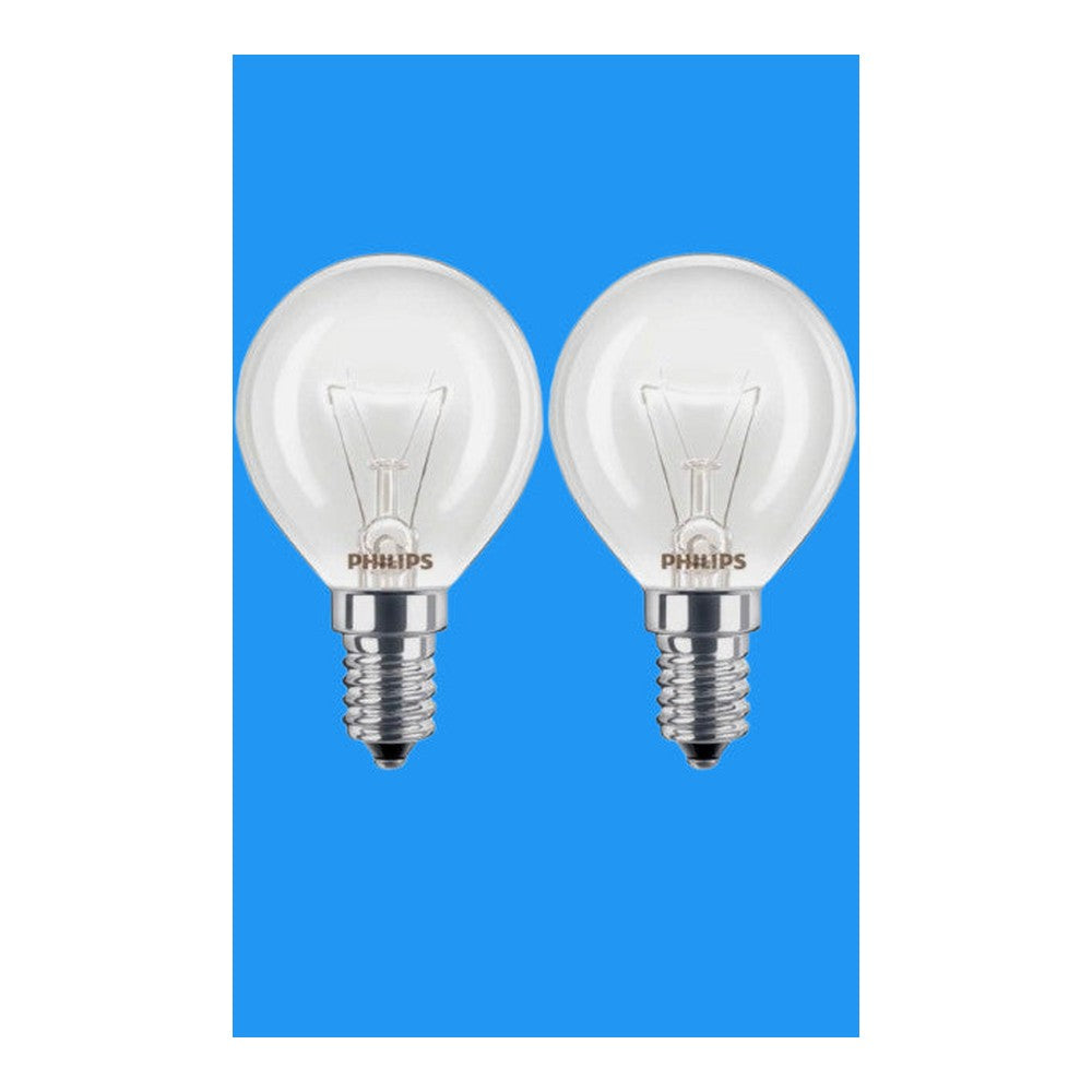 2 x Philips 40W 230V SES E14 Dimmable 2700K Warm White P45 400lm Round Clear