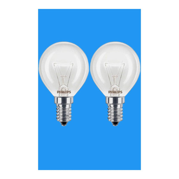 2 x Philips 40W 230V SES E14 Dimmable 2700K Warm White P45 400lm Round Clear