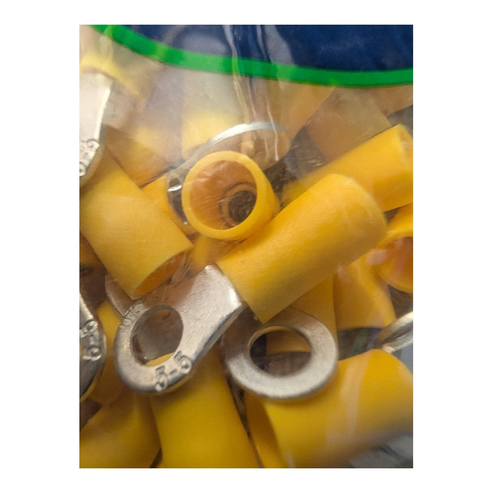 Deligo TRY53 Pack of 100 Yellow 5.3 Copper Insulated Crimp Ring Terminals 48A