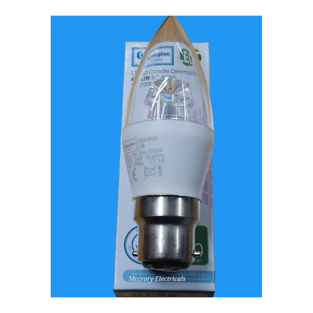 BC-B22d 6.5w x 2 Crompton LED Dimmable Candle Bulb  2700k Warm White 470lm 4610