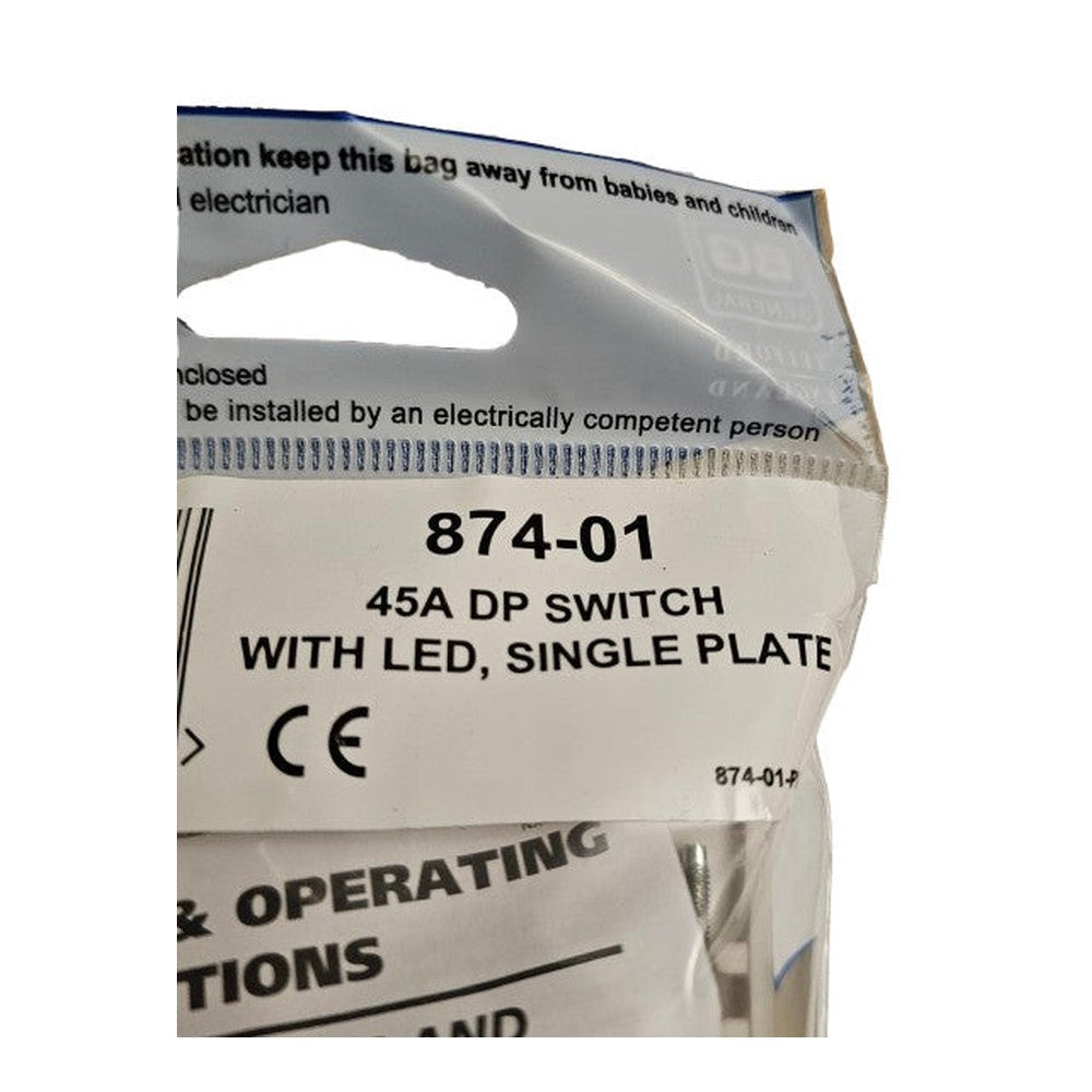 BG Nexus 45A DP Switch With LED Single Plate 874-01